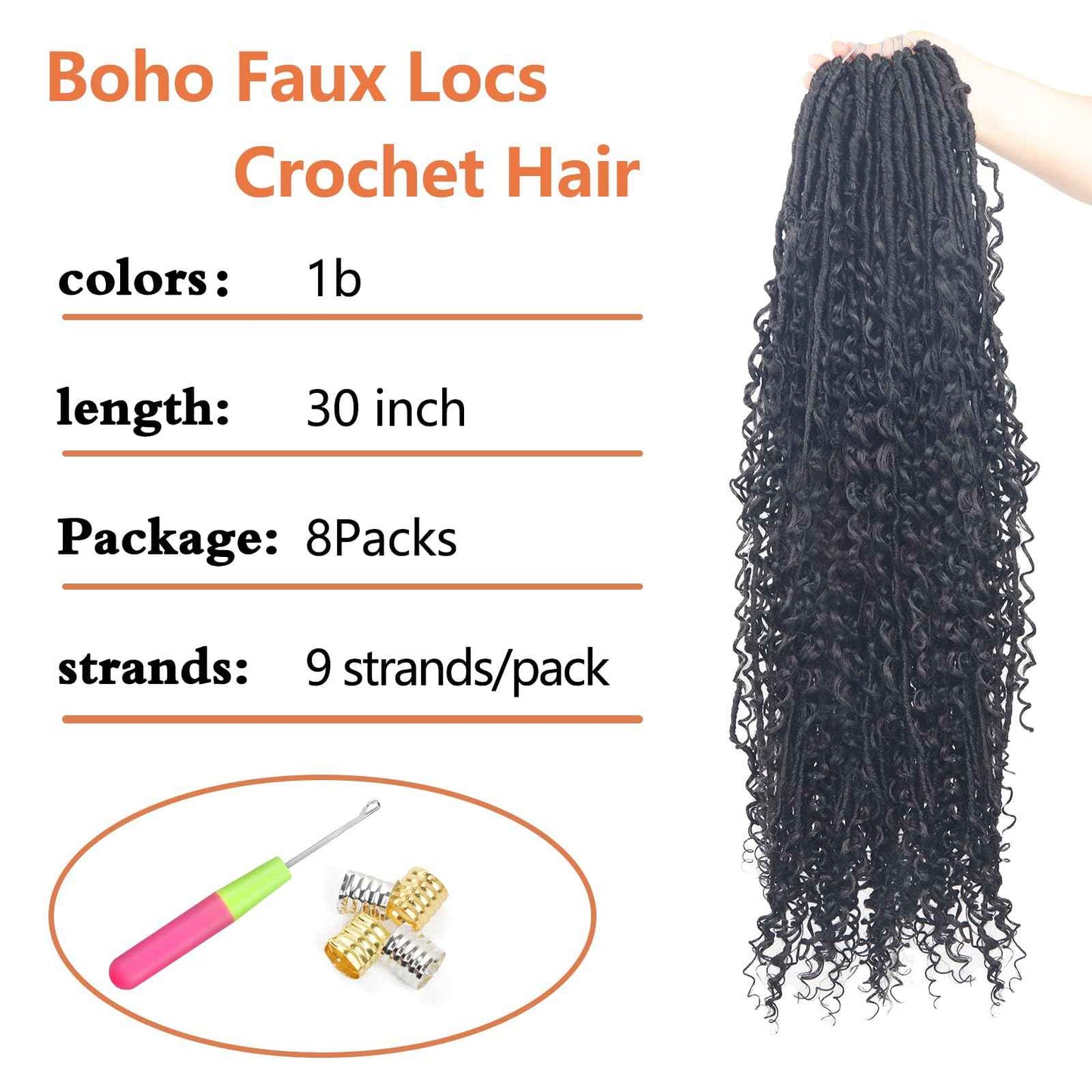 Vemet 30 Inch Goddess Boho Faux Locs Crother Hair 8 Packs Crochet Locs Hair with Curly Ends Synthetic Bohemian River Crochet hair for Black Women