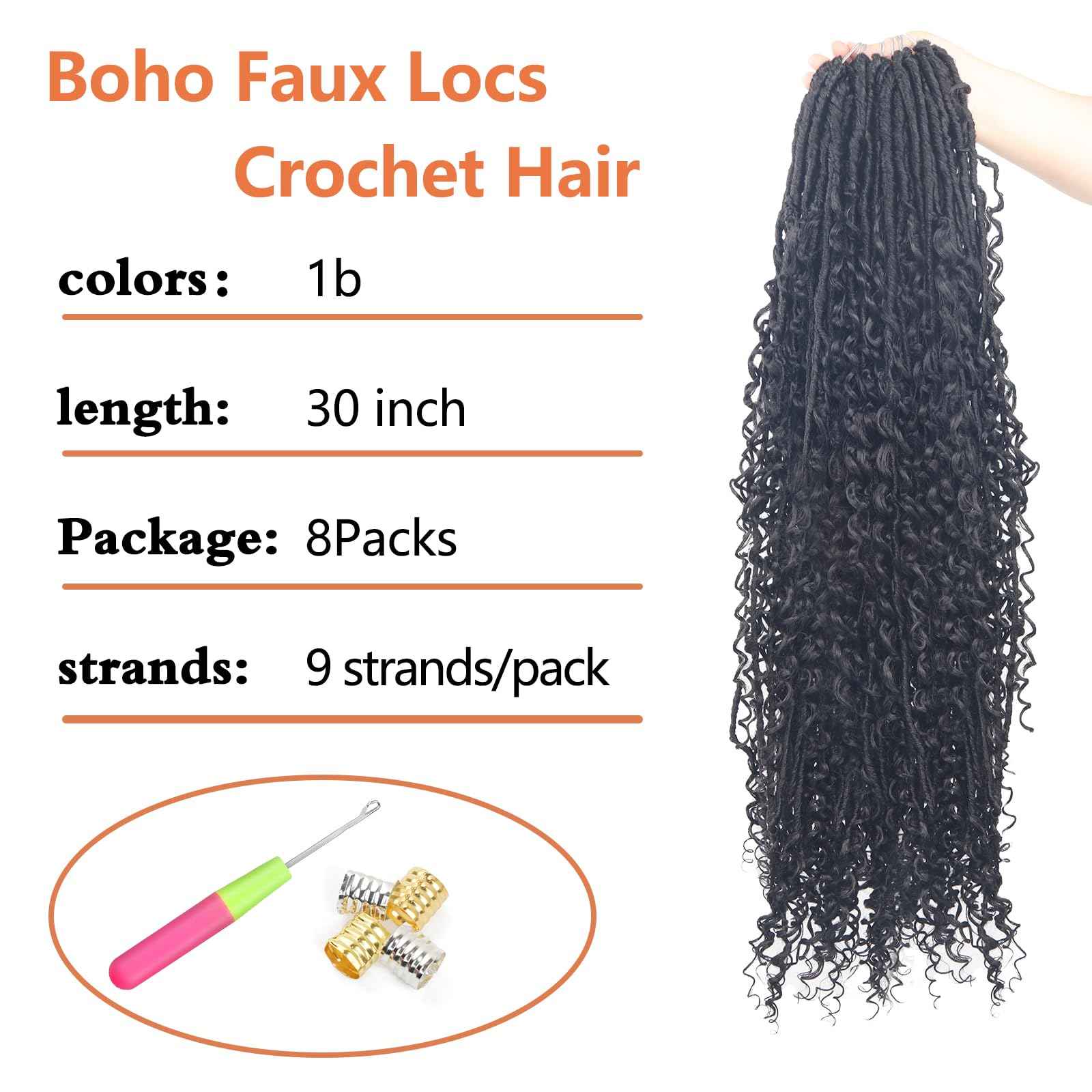 Vemet 30 Inch Goddess Boho Faux Locs Crother Hair 8 Packs Crochet Locs Hair with Curly Ends Synthetic Bohemian River Crochet hair for Black Women