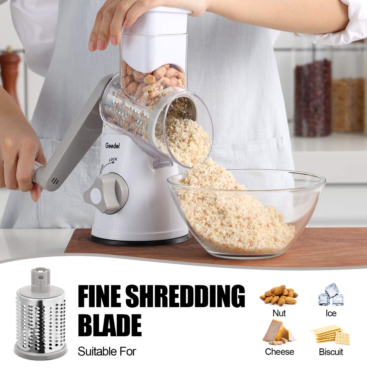 Geedel Rotary Cheese Grater, Kitchen Mandoline Vegetable Slicer with 3 Interchangeable Blades, Easy to Clean Rotary Grater Slicer for Fruit, Vegetables, Nuts