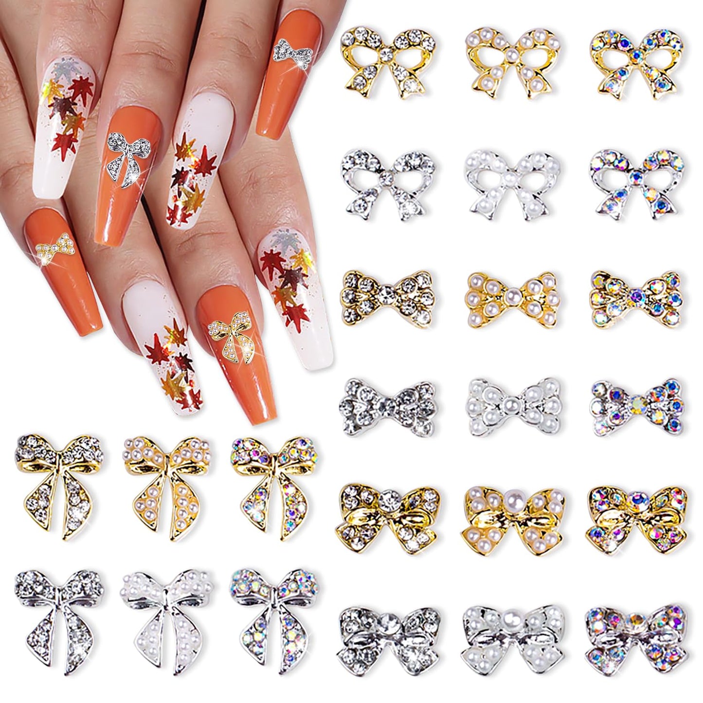 SILPECWEE 24pcs Bow Nail Charms 3D Butterfly Bow Rhinestones Jewels Bowknot Nail Charm Alloy Nail Studs Gem Crystals Nail Art Decoration for Nail Supplies Craft Making Jewelry