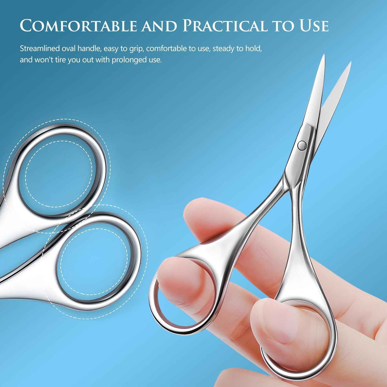 Kootinn 2Pcs Facial Hair Small Grooming Scissors For Men Women - Eyebrow, Nose Hair, Mustache, Beard, Eyelashes, Ear Trimming Kit - Curved and Rounded Safety Tip Clippers For Hair Cutting - Silver