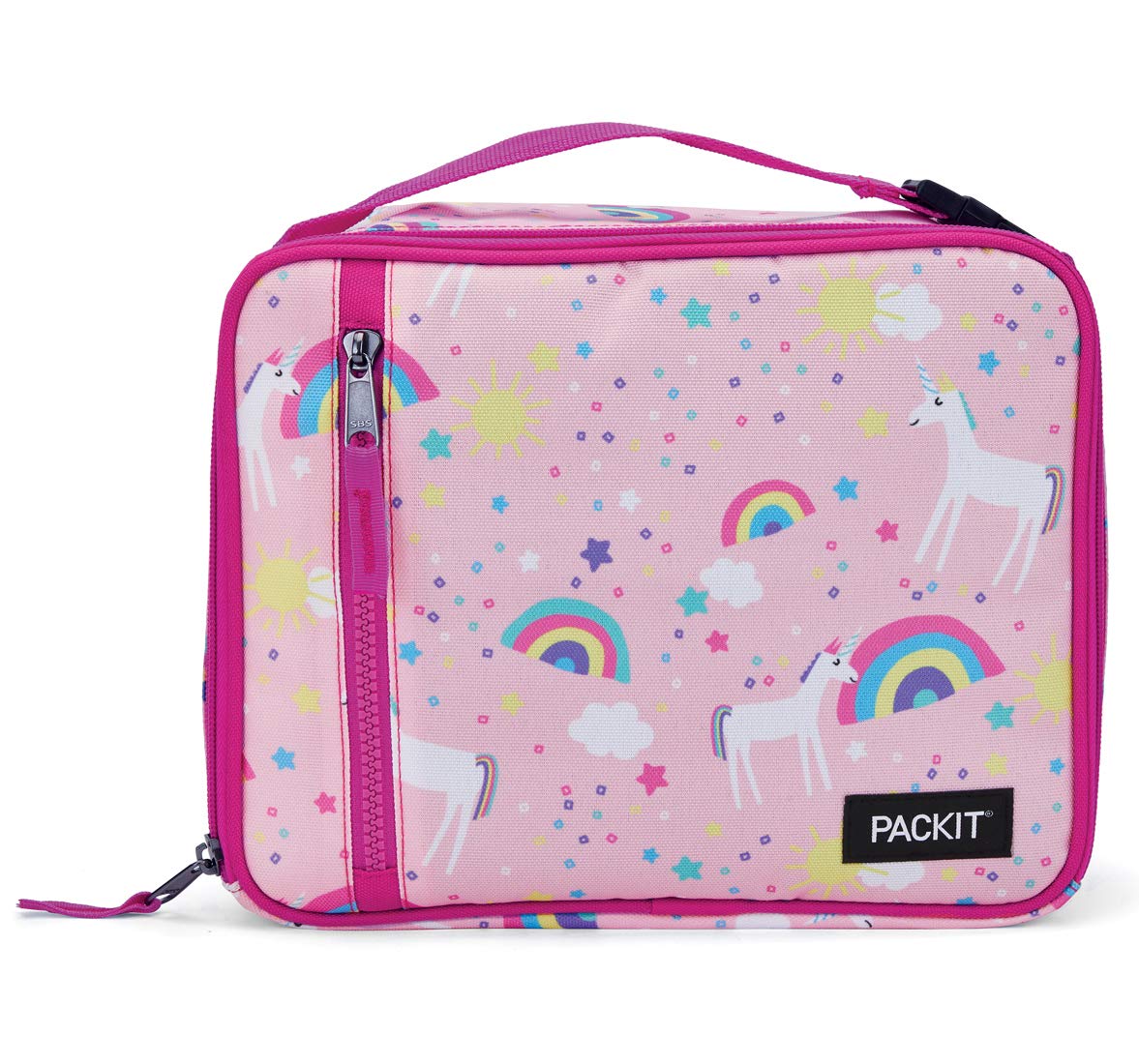 PackIt Freezable Classic Lunch Box, Unicorn Sky Pink, Built with EcoFreeze Technology, Collapsible, Reusable, Zip Closure With Zip Front Pocket and Buckle Handle, Perfect for School Lunches