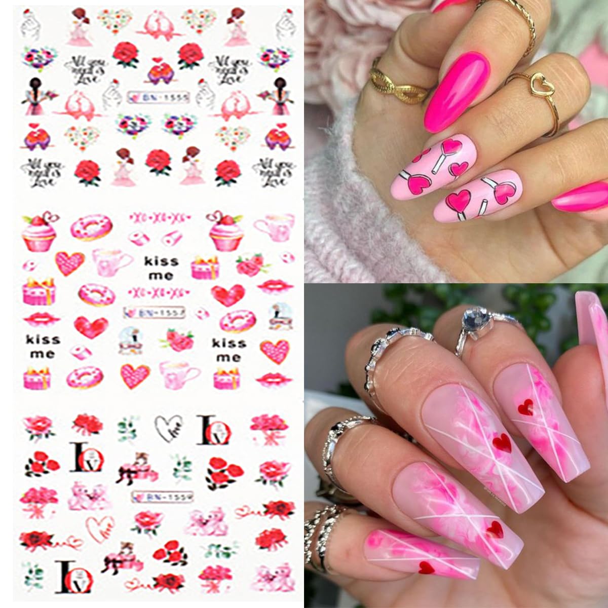 12 Sheets Valentine's Day Nail Stickers Water Transfer DIY Self-Adhesive Nail Stickers Heart Rose Love Sexy Lips Lipstick Valentines Nail Art Tattoo Stickers Nail Decoration for Women Girls