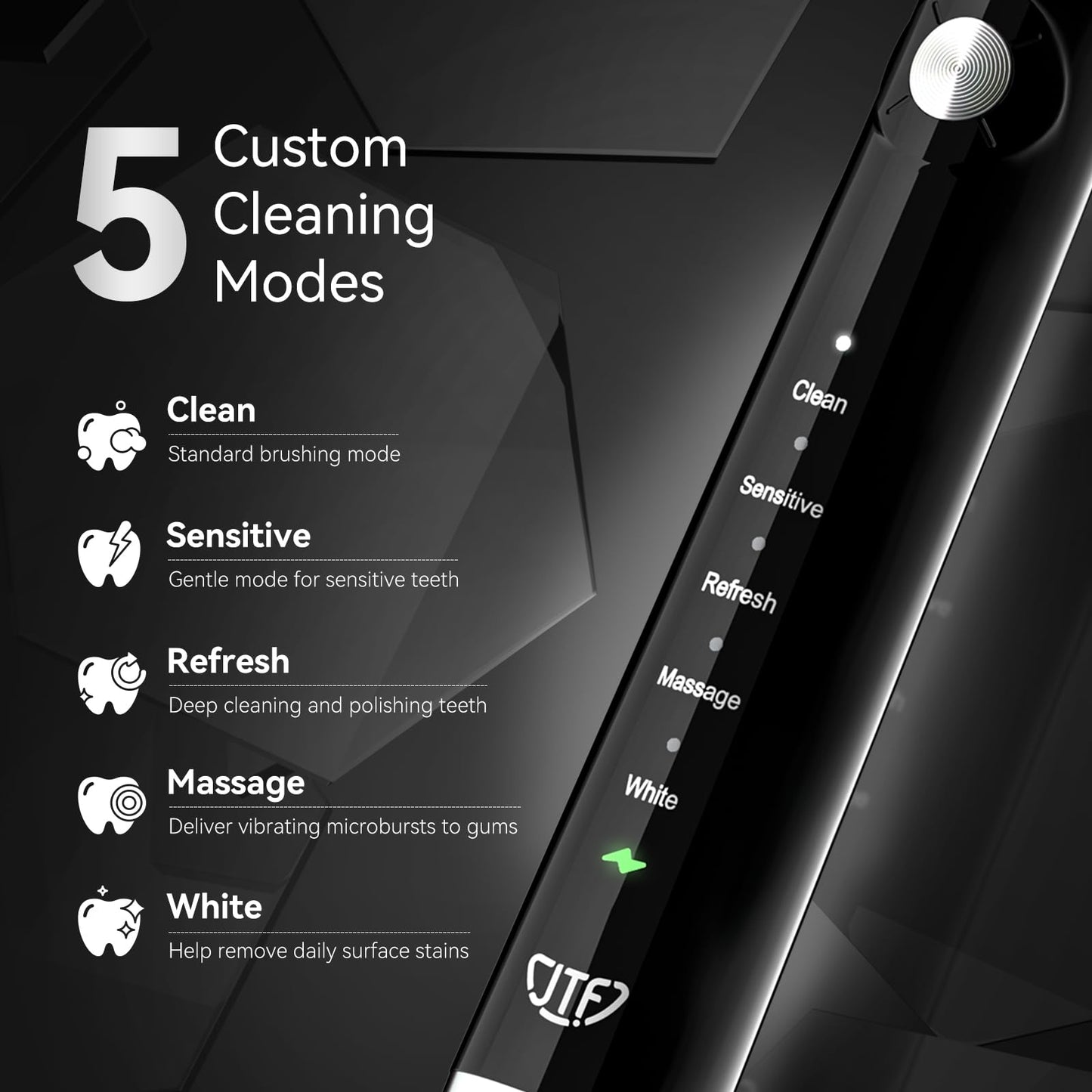 JTF Sonic Electric Toothbrush for Adults, Rechargeable Toothbrushes with 6 Brush Heads and a Travel Case, 5 Modes Auto Smart Timer Tooth Brush, Power Waterproof Sonicbrush for Men Women, Black