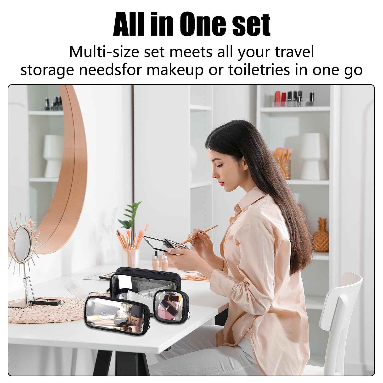 Cozomga Clear TSA Approved Toiletry Bag Set - 3 Pack (Large, Small and Mini) Clear Cosmetic Bag with Zipper, Quart Size Travel Essentials Organizer Perfect for Carry-On Luggage (TPU-3LSM-Black)