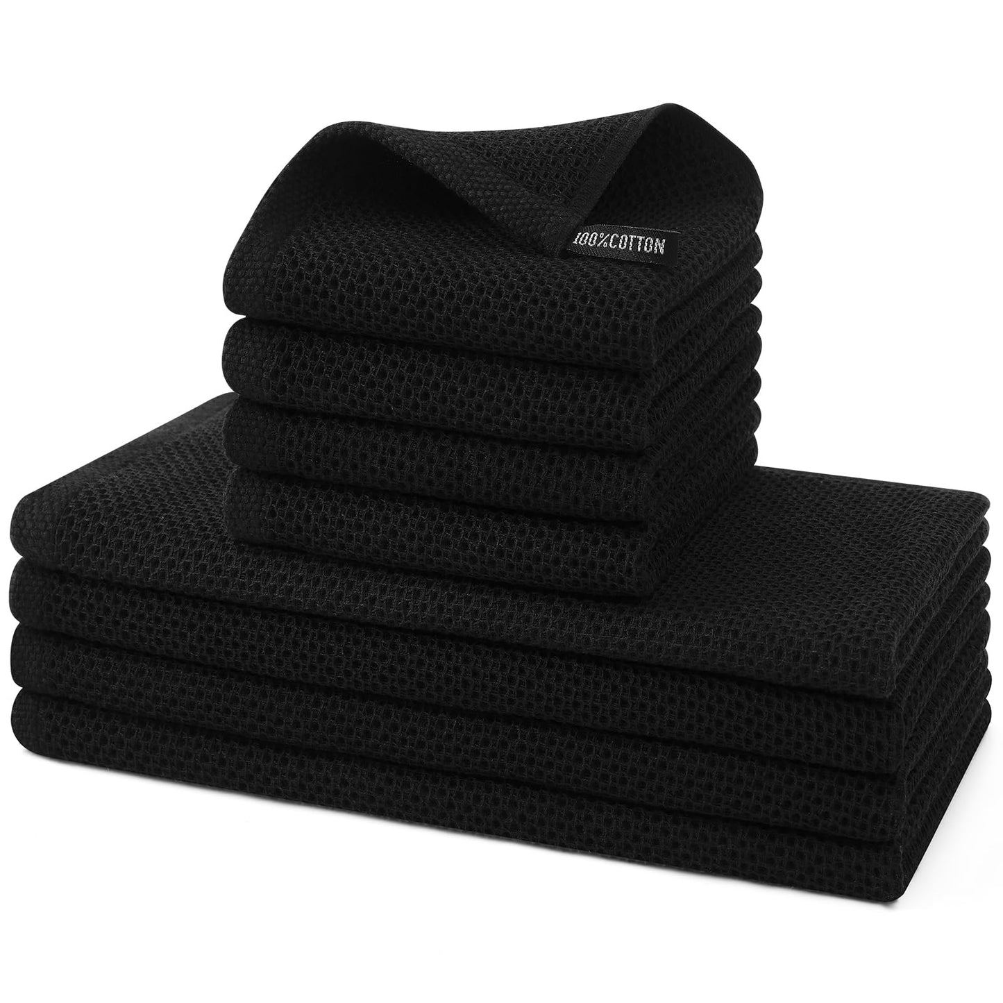 Kitinjoy 100% Cotton Kitchen Towels and Dishcloths Set, 8 Pack Waffle Weave Dish Towels Ultra Soft Absorbent Quick Drying Dish Rags, 13 x 28 Inch and 12 X 12 Inch, Black