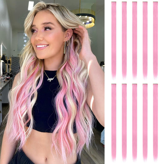 FESHFEN Colored Pink Clip in Hair Extensions, 10 PCS Pink Hairpieces Highlight Colorful Straight Synthetic Clip in Hair Pieces for Women Grils, 22 inch