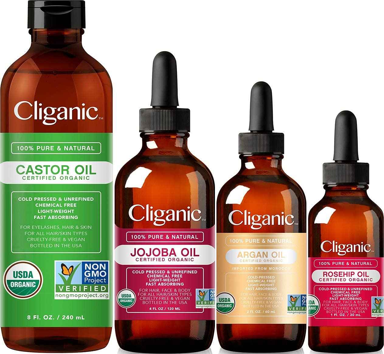 Cliganic Organic Carrier Oils Quad: Castor, Jojoba, Argan & Rosehip