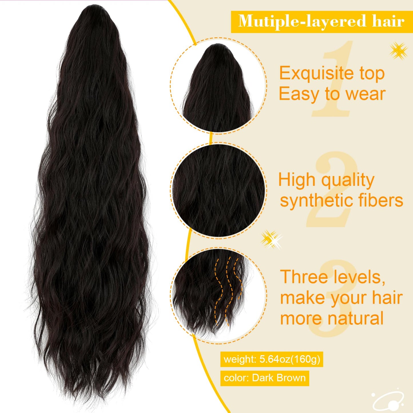 Cephermer Ponytail Extension 24'' Long Wavy Drawstring Pony Tails Hair Extension Ponytail Dark Brown Synthetic Hairpiece for Women