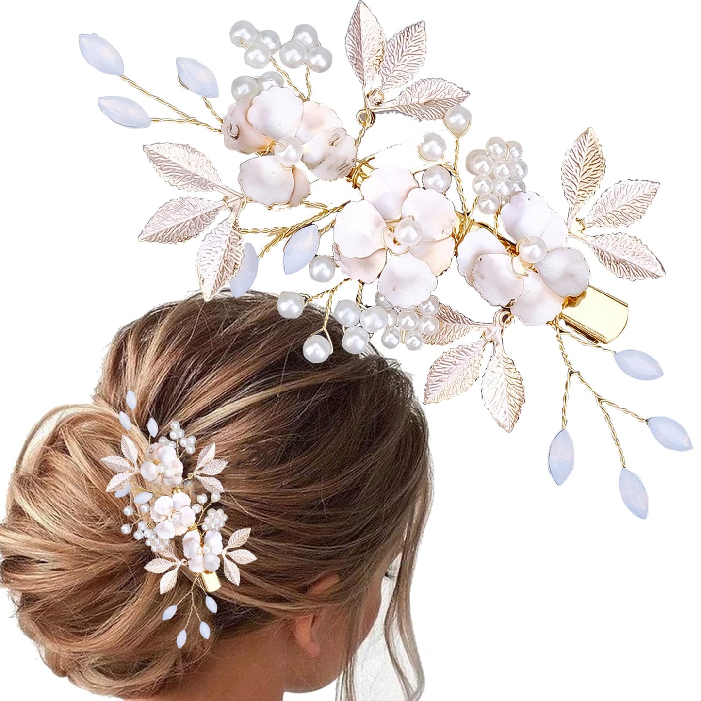 LLSME Hair Clip, Crystal Bridal Wedding Hair Clips, Pearl Rhinestone Hair Pins, Floral Hair Pieces for Brides Bridesmaids Women Girls