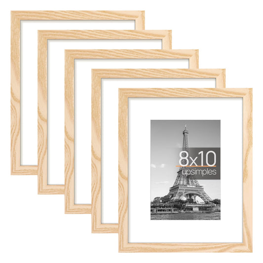 upsimples 8x10 Picture Frame Set of 5, Display Pictures 5x7 with Mat or 8x10 without Mat, Wall Gallery Photo Frames, Natural