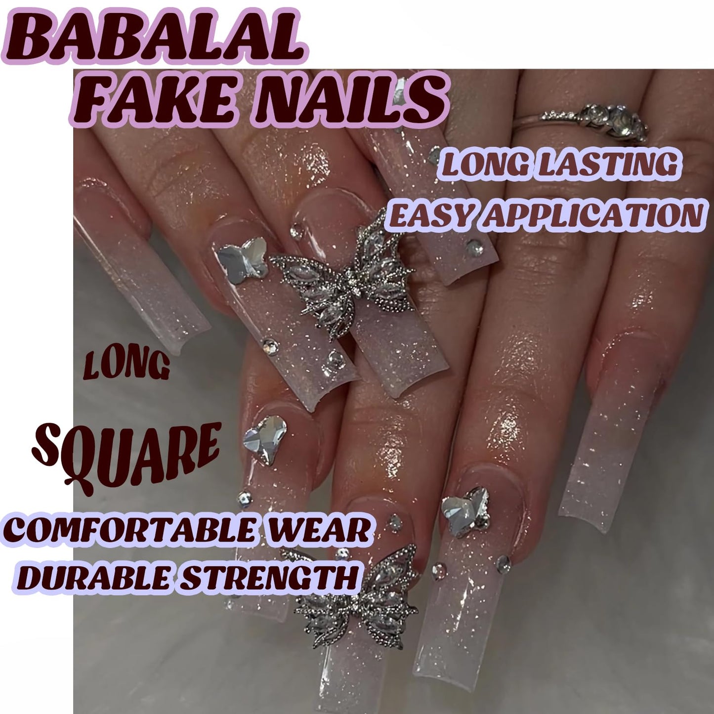 BABALAL Square Press on Nails Long Fake Nails Pink Glue on Nails 3D Butterfly Charm Rhinestone Acrylic Nails 24Pcs Shiny Glitter Squoval Manicure False Nails for Women and Girls