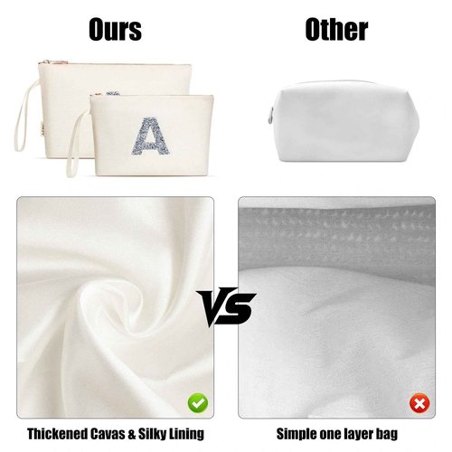 A-Z BAG 2pcs Personalised Makeup Bag Set, Canvas Cosmetic Bag with Rhinestone Initial, Birthday Gifts for Women (A, Beige)