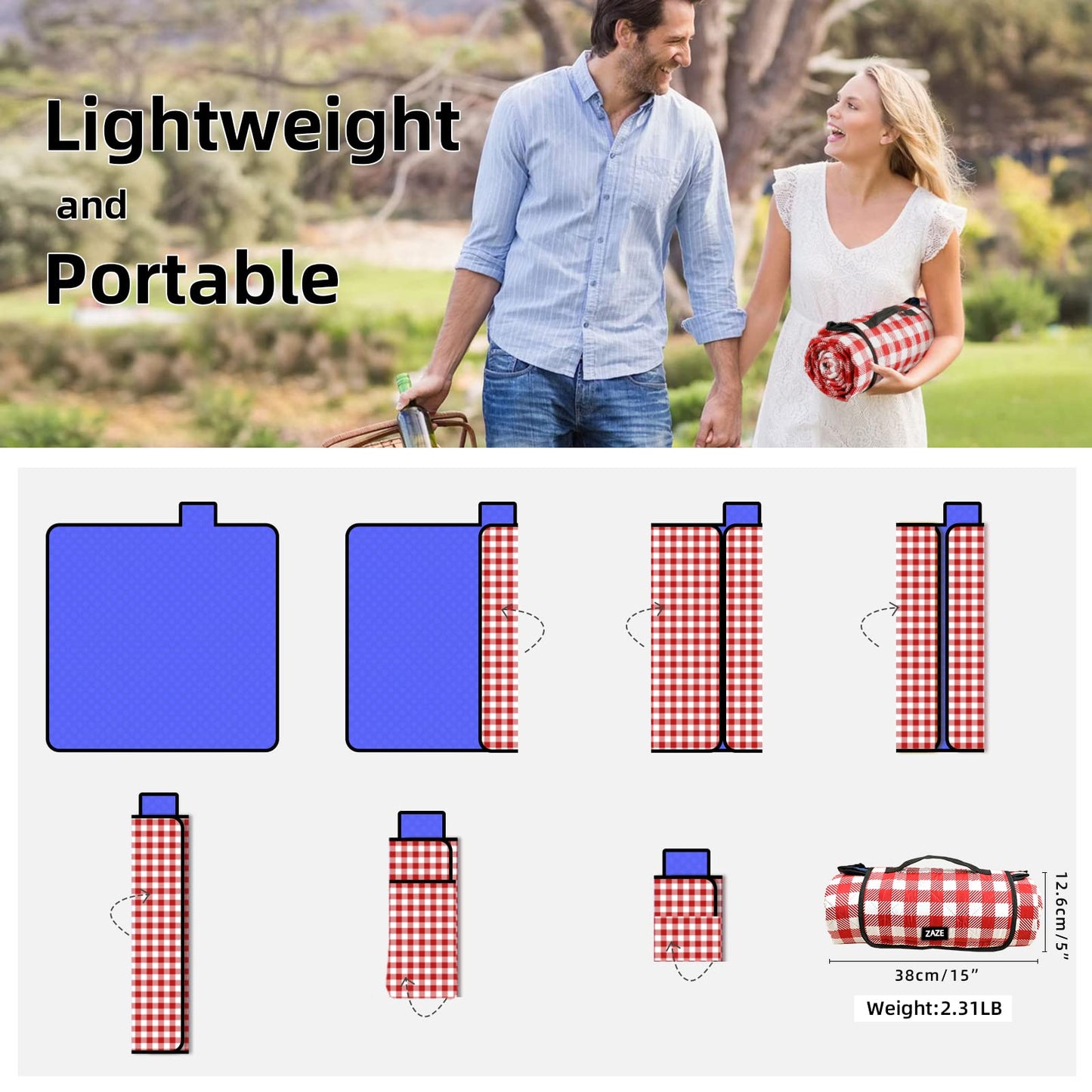 ZAZE Picnic Blanket Extra Large Waterproof, 80''x80''Checkered Picnic Blankets Beach, Outdoor, Camping on Grass Accessories Couple Ideas Wedding Registry Valentines Day (Red and White)