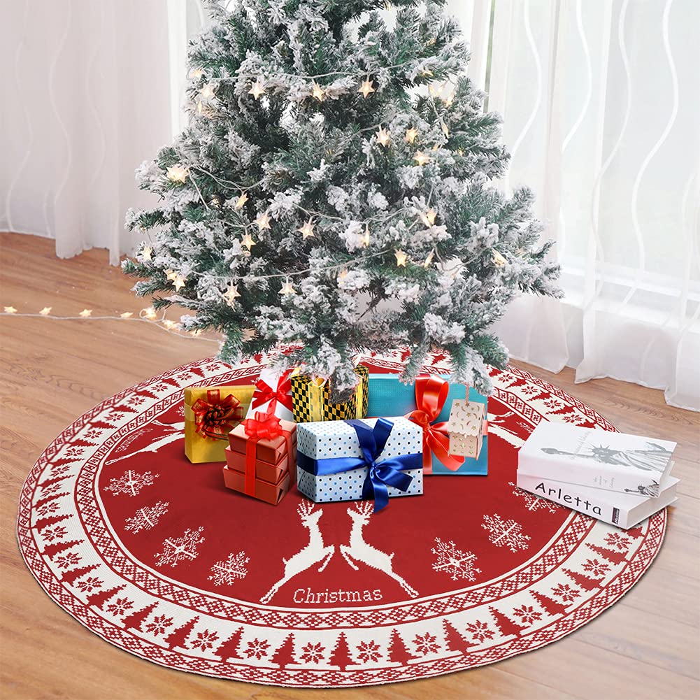 OurWarm Christmas Tree Skirt 48 Inches, Knit Tree Skirt with Snowflake & Reindeer, Red and White Double-Sided Rustic Xmas Tree Skirt Christmas Decorations for Party Indoor Christmas Tree Decoration