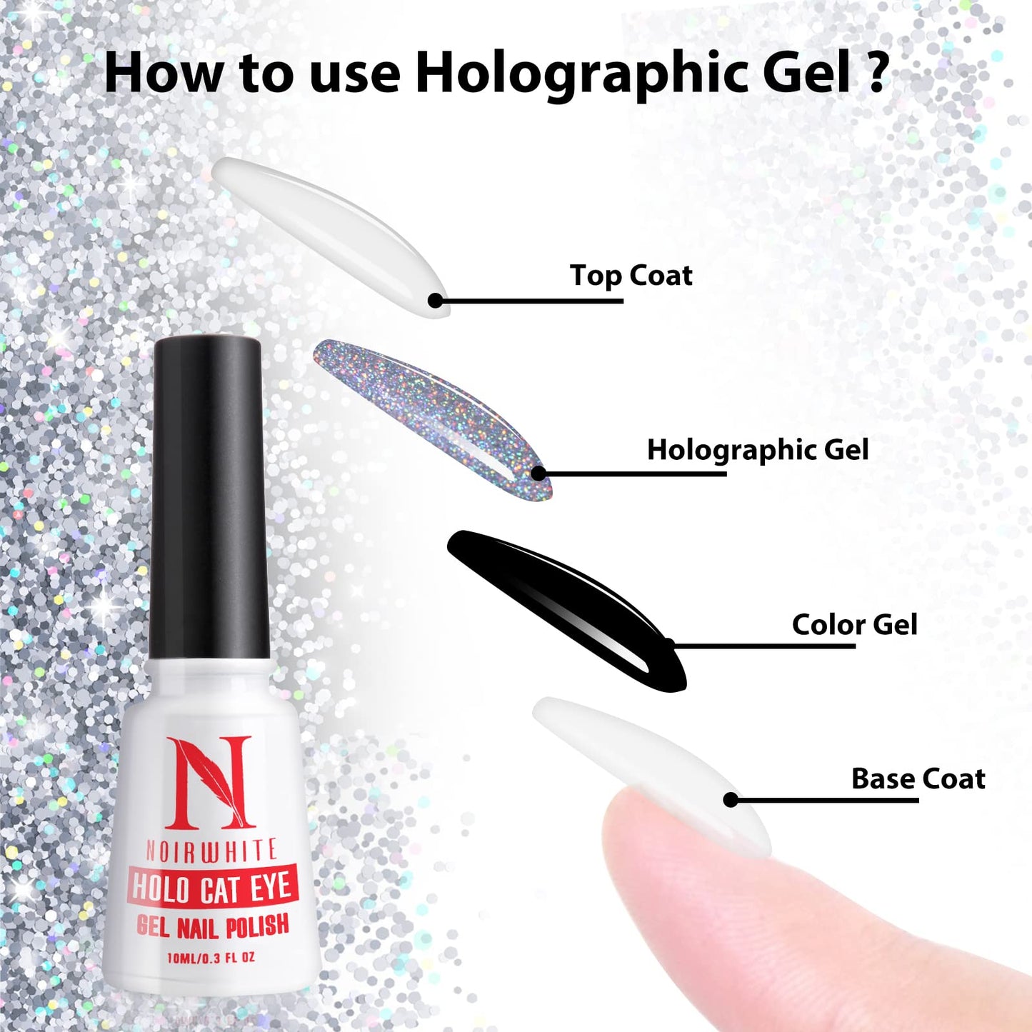 noirwhite Cat Eye Gel Nail Polish 10ml 1pcs, Holographic Glitter Rainbow Cat Eye Gel Polish with 1Pcs Magnetic Stick for Nail Art Design Soak Off UV LED Magnetic Nail Polish Cat Eye Effect