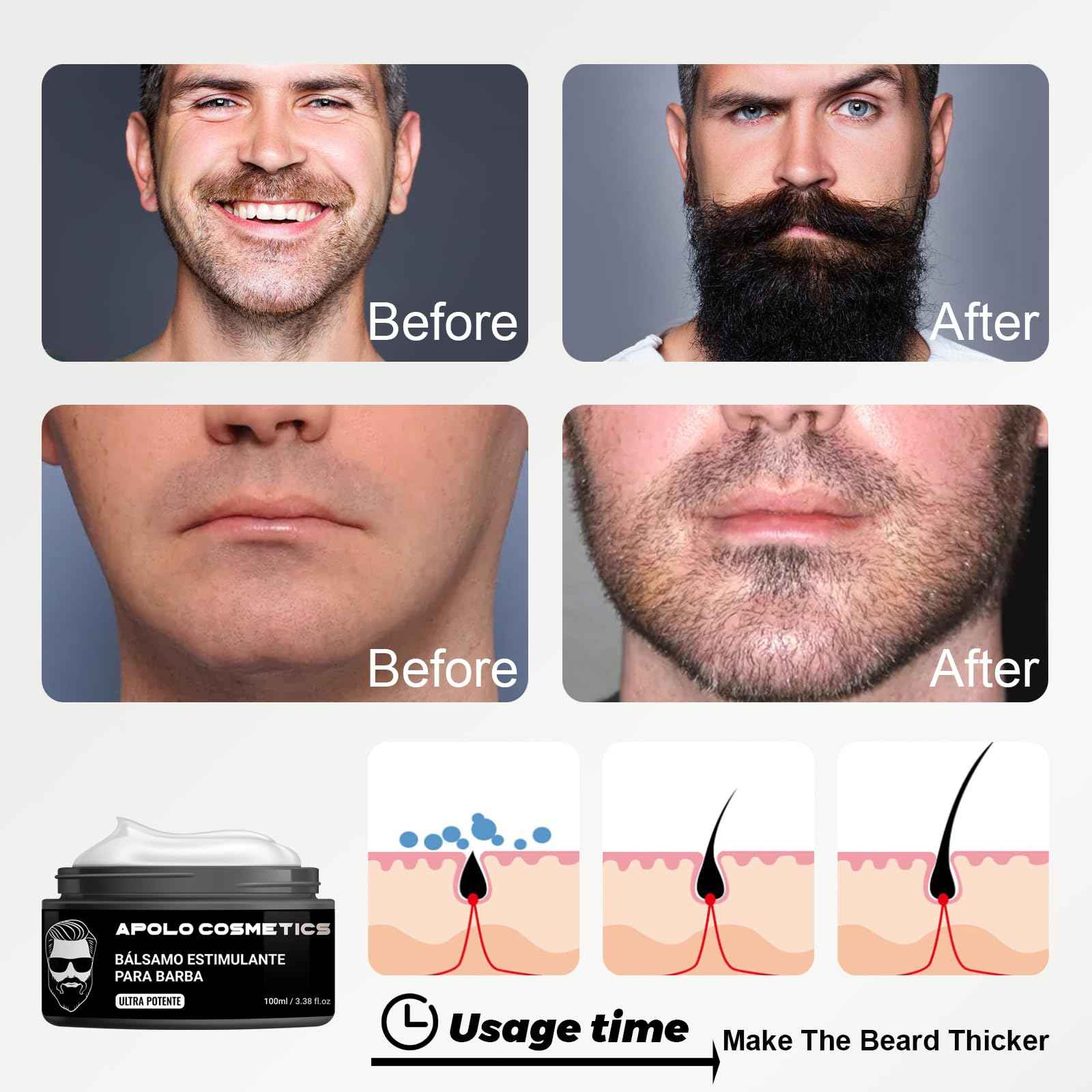 apolo cosmetics Para Barba, Ultra Potente Estimulante de Barba, Bálsamo para Crecimiento de Barba Crema, Beard Growth Blam, Softner/Unscented Beard Butter, Sin Irritación 100ml/3.38floz (1 PC, 1)