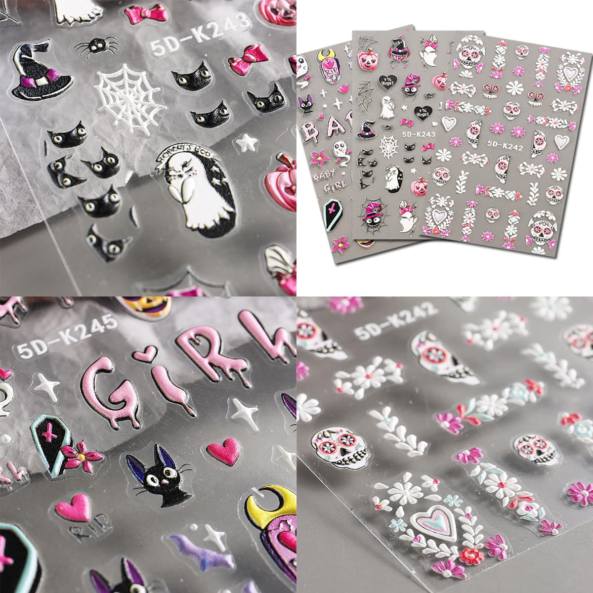 3Sheets Halloween Nail Stickers Decals for Nail 5D Scary Skull Spider Web Pink Ghost Pumpkin Designer Nail Stickers DIY Gothic Acrylic Nails Arts for Halloween Women Girls Nail Art Supplies.