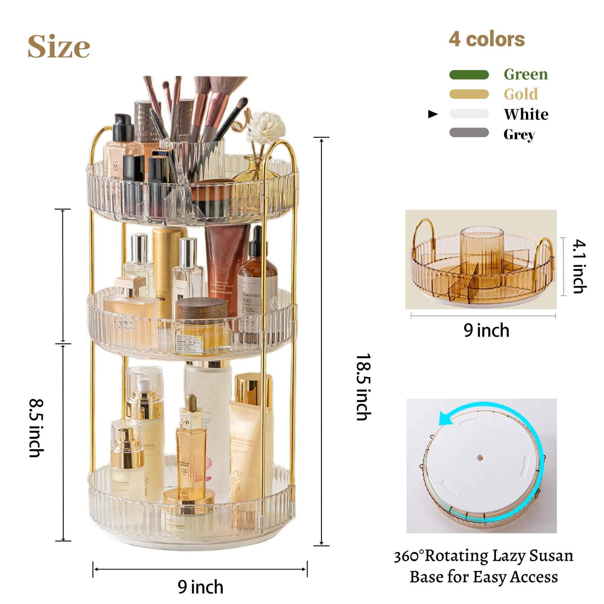 Aveniee 360° Rotating Makeup Organizer for Vanity, Perfume Skincare Bathroom Countertop Organizers, 3 Tier Spinning Skincare Storage with Brush Holder for Lipstick Cosmetic Lotion,White