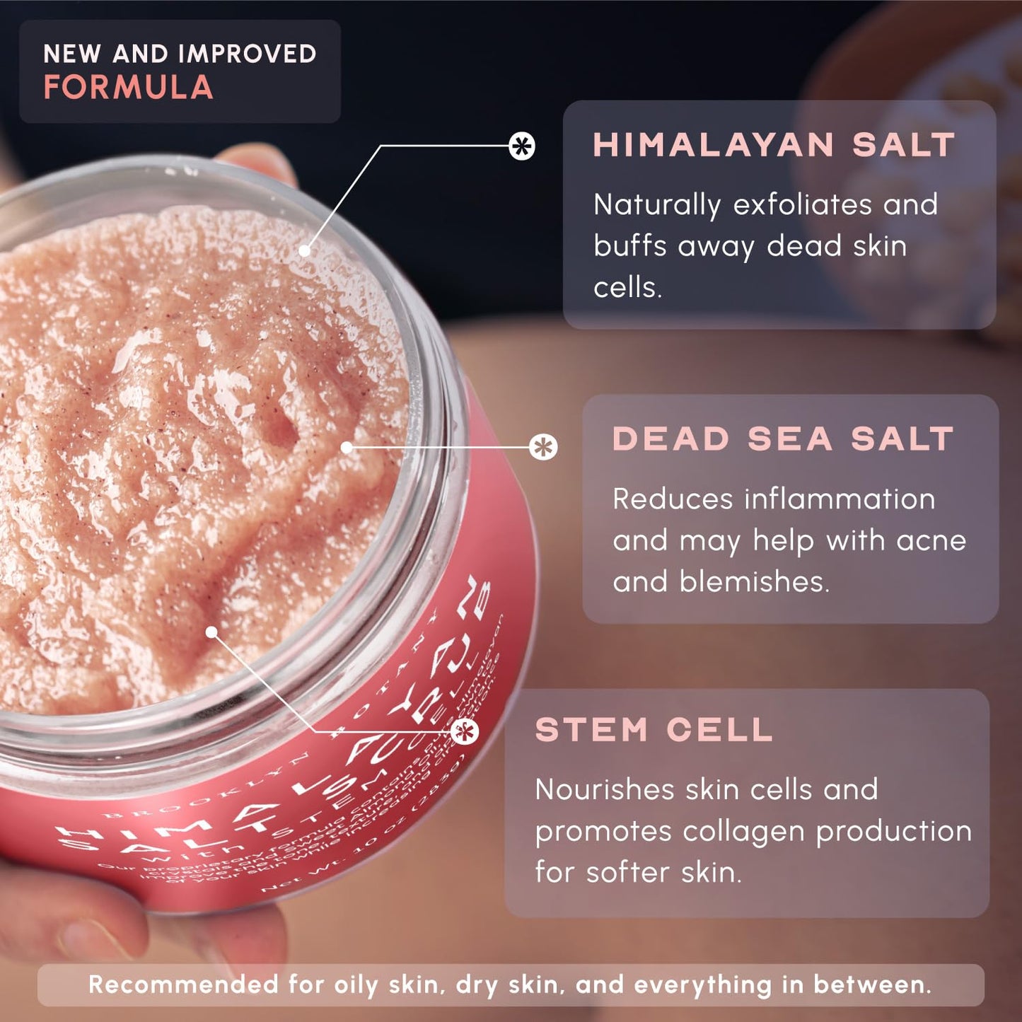 Brooklyn Botany Himalayan Salt & Stem Cell Body Scrub - Moisturizing and Exfoliating Body, Face, Hand, Foot Scrub - Fights Stretch Marks, Fine Lines, Wrinkles - Great Gifts for Women & Men - 10 oz