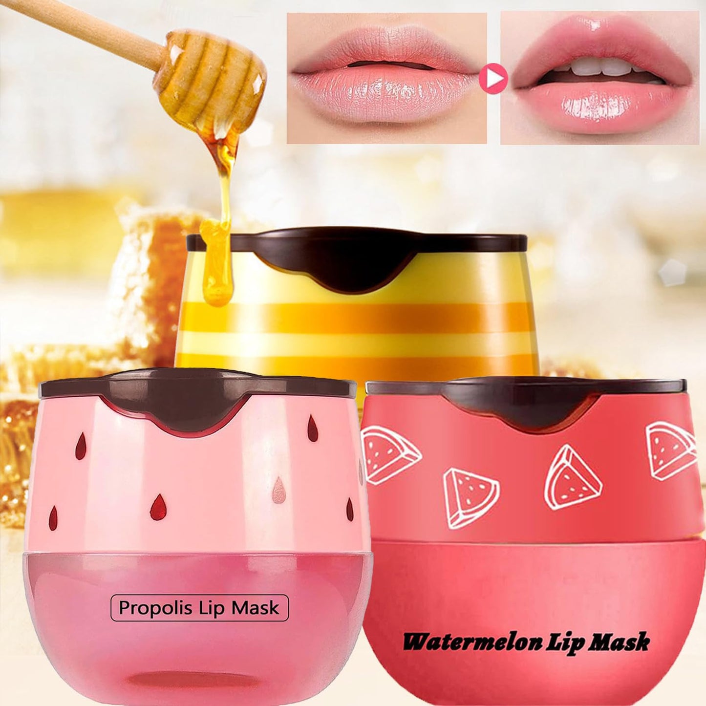 2 PCS Bee Lip Balm Honey Pot, Watermelon & Strawberry Sleeping Lip Mask Overnight, Hydrating Prevention Dry and Cracked Lip Scrub, Reduces Lip Lines, Brightening Lip Color