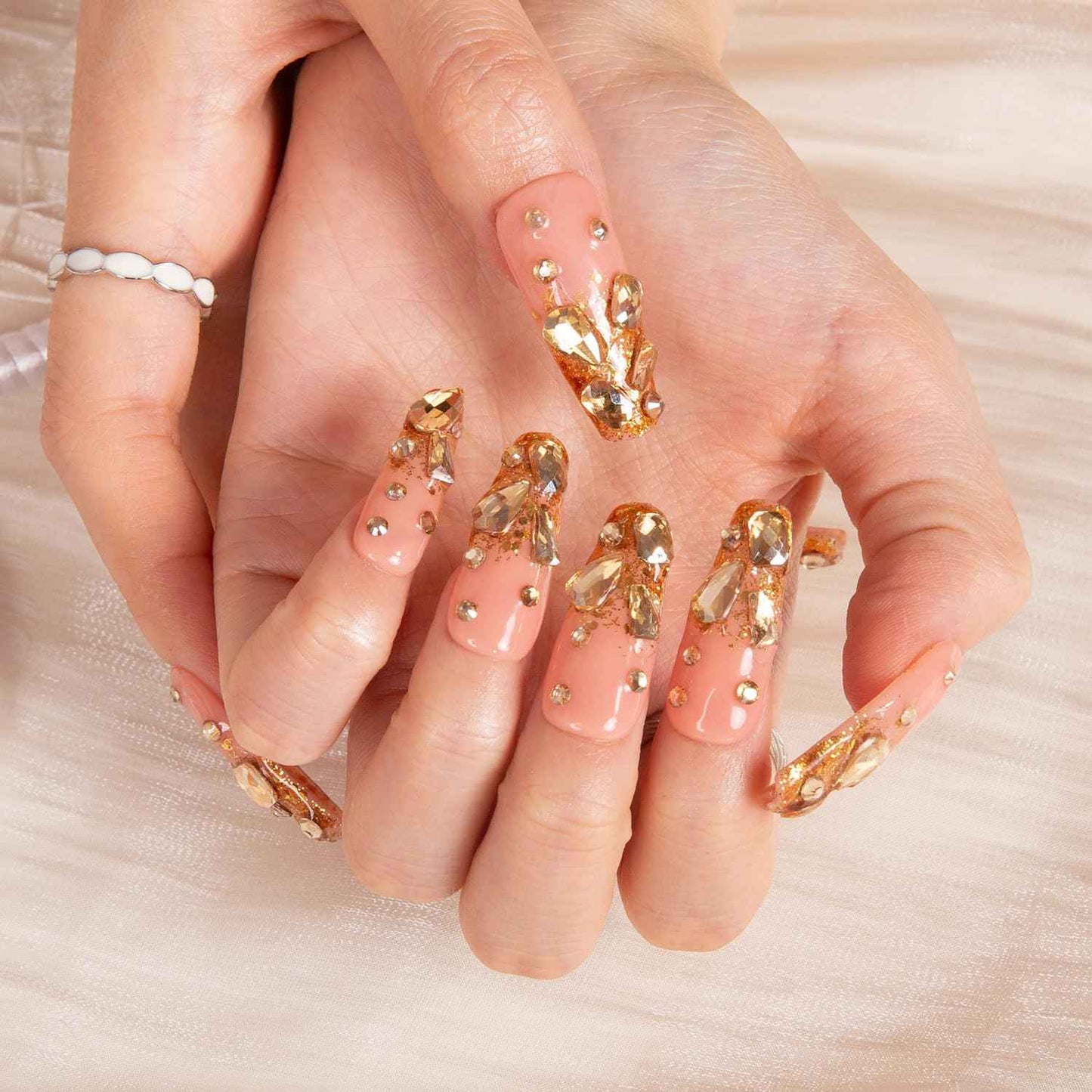 LOVFUL Press on Nails Stardust Gold Rhinestone | Handmade with Full Covered Crystals | Reusable Full Cover Nails | Coffin Classic Regular 1.3 in | H84-L