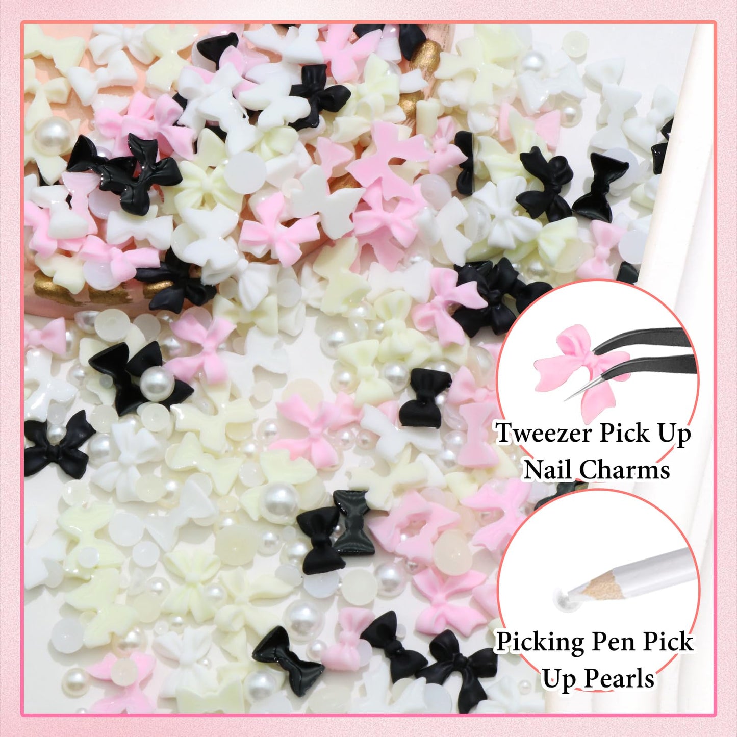 RODAKY Bow Nail Charms and Flatback Pearls with B7000 Glue,Pink Black 3D Cute Bowknot Nail Charms for Acrylic Nails Design,Resin White Acrylic Half Pearls Charms for Nail Art DIY Decoration