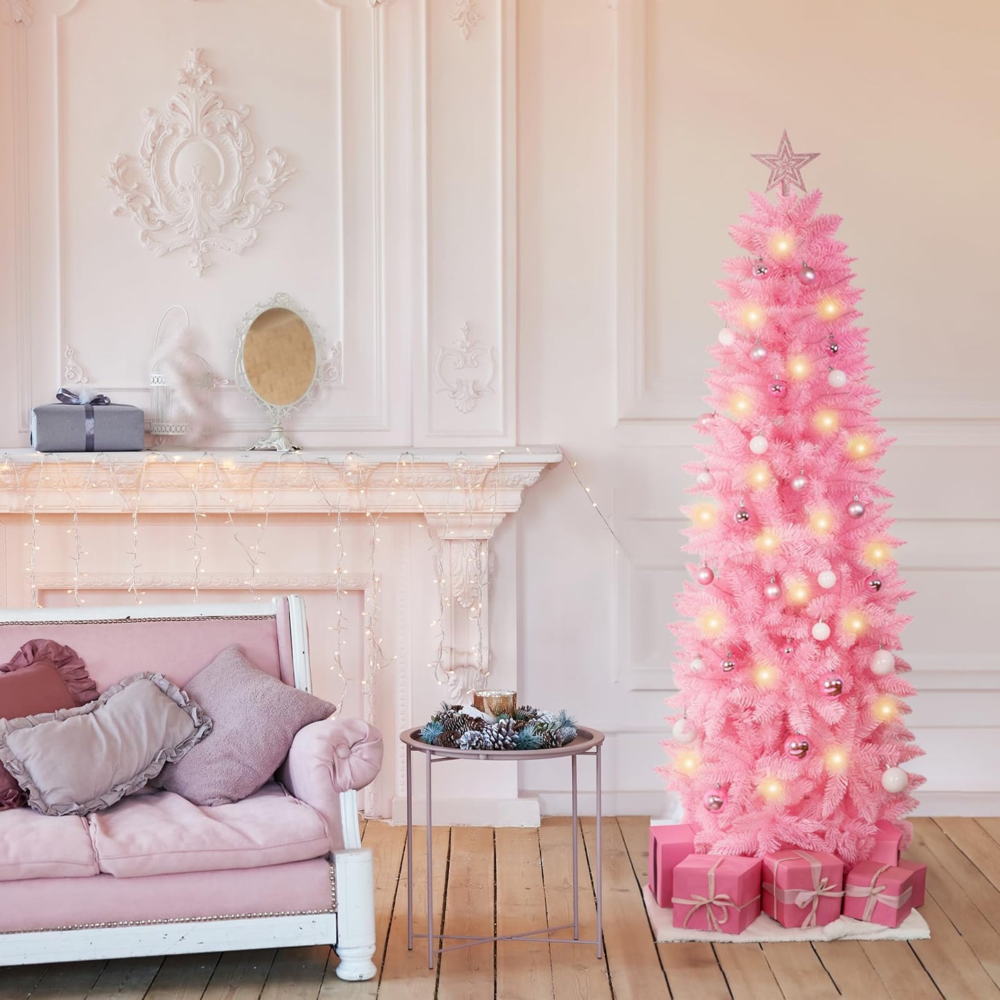 XmasExp Pink Skinny Pencil Christmas Tree, 6ft Artificial Slim Thin Christmas Tree with Warm LED Lights String 8 Lighting Modes and Christmas Ball Onaments