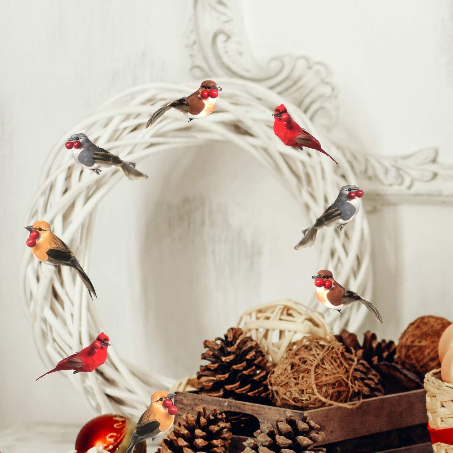 BANBERRY DESIGNS Feathered Song Bird Clip-On Ornaments - Set of 16 - Assorted Styles - Cardinals, Orioles, Finches and Chickadees with Red Berries - Each Measures 4 Inches