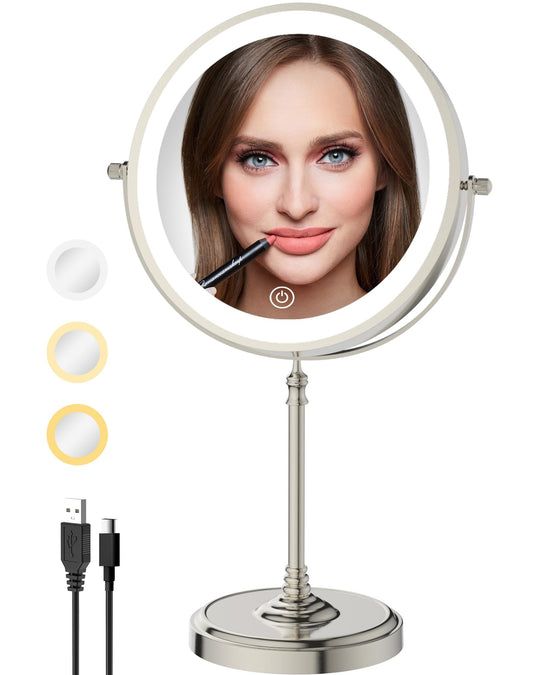 LANSI 9" Lighted Makeup Mirror with Lights and Magnification 1X/10X Double Sided, 5000mAh Rechargeable Vanity Mirror with 3 Dimmable Color Light, Brush Nickel