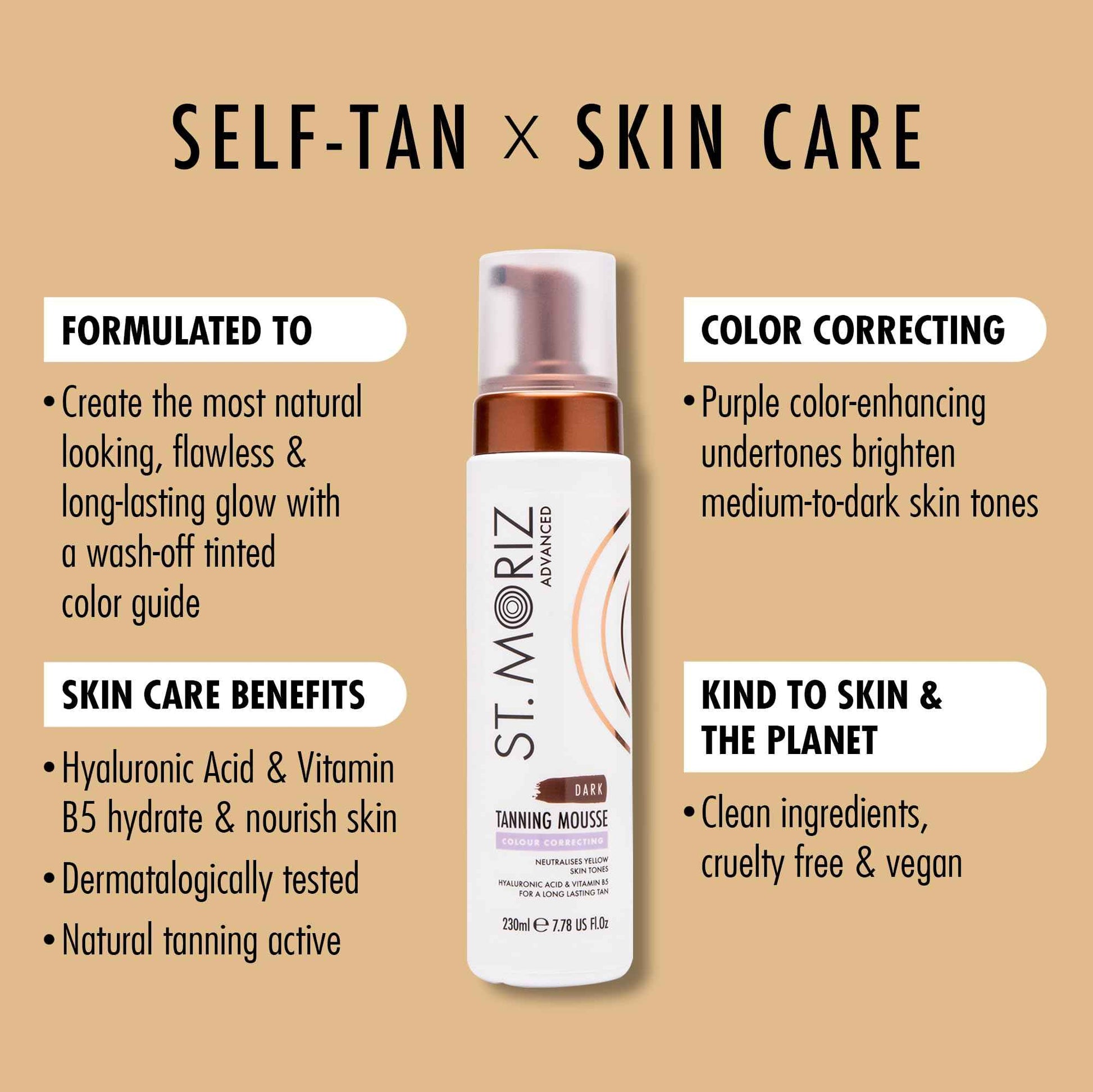 St Moriz Advanced Colour Correcting Tanning Mousse in Dark | With Hyaluronic Acid, Vitamin B5 & Advanced Skin Care Benefits | Brightens Medium to Dark Skin Tones | Fast-Drying Vegan Fake Tan | 200ml