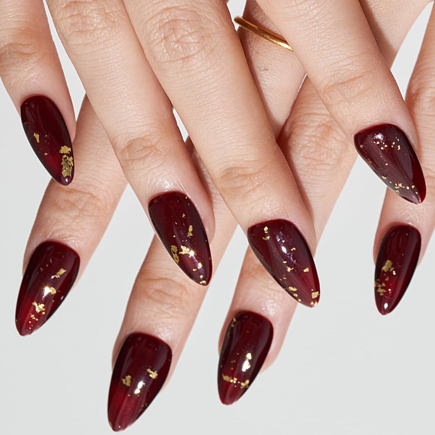 GLAMERMAID Burgundy Press on Nails Medium Almond- Handmade Jelly Gel Gold Foil Flakes Fake Nails Short, Deep Dark Red Stiletto Stick Glue on Nails Set, Glossy Reusable Acrylic False Nail Kit for Women