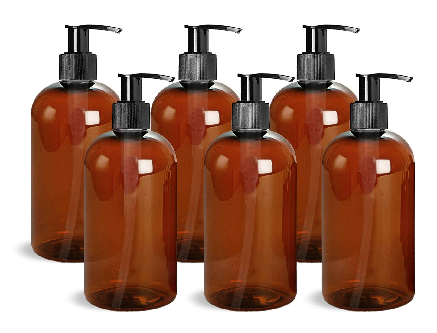ljdeals 16 oz Amber Plastic Bottle with Black Lotion Pump, Refillable Containers for Shampoo, Lotions, Cream and More, Pack of 6, BPA Free, Made in USA