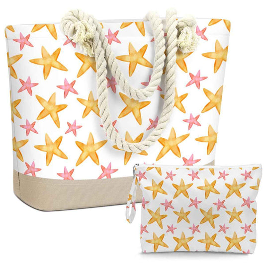 Beach Bags for Women, Wet Bag Cosmetic Bag, Pool Waterproof Shoulder Tote Bags, Pocket Zipper Summer Travel Essentials, Gifts for Women Birthday - Yellow and Pink Starfish (2-Piece Set)