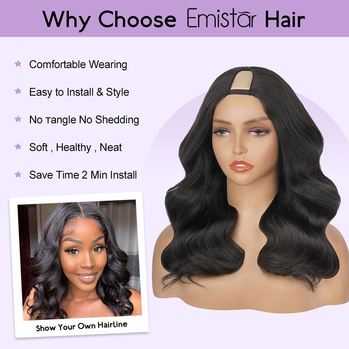 Emistar Wavy V Part Wig Wear And Go Glueless U Part Wig Body Wave Natural Black Synthtic Hair Soft As Human Hair Half Wigs For Black Women (Black, 14 Inch)