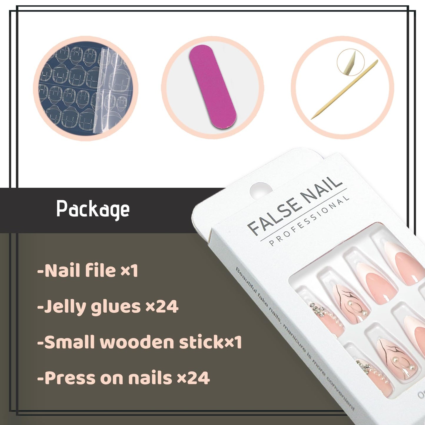 YOSOMK French Tip Medium Fake Nails Almond Press on Nails with 3D Rhinestone Designs Luxury Pearl Glossy False Nails Artificial Stick on Nails for Women