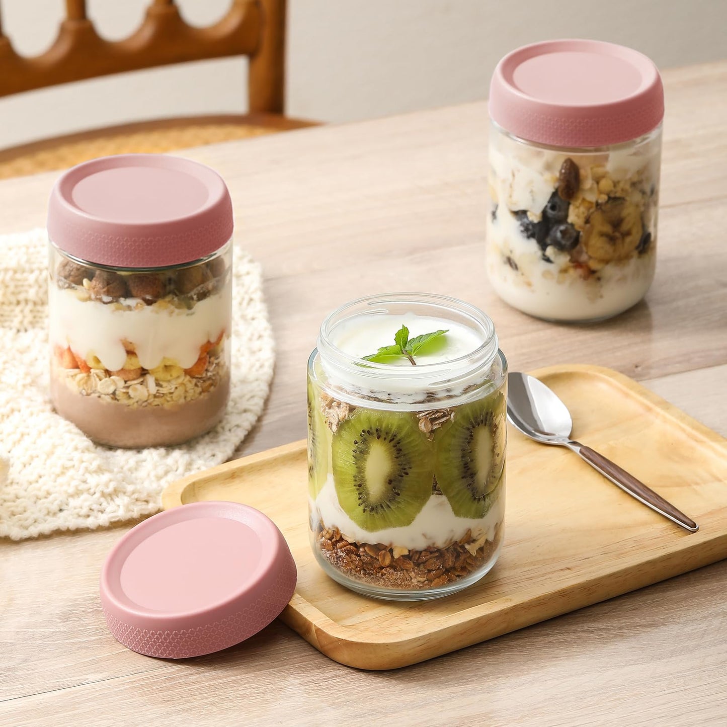 NETANY 6-pack 16oz Glass jars with Airtight Lids, Overnight Oats Containers with Lids, Wide mouth Mason Salad jars, Glass Food Storage Containers for Snacks Yogurt Spice Sugar-Pink