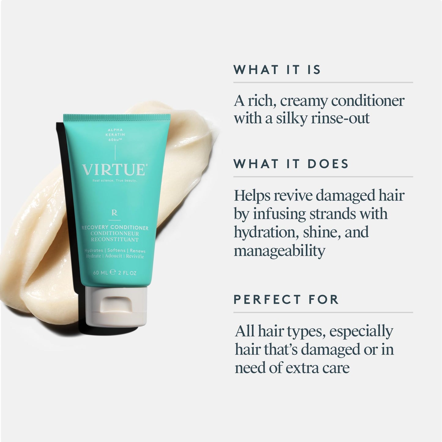 Virtue Recovery Conditioner with Keratin Hydrates, Softens, and Renews Damaged Hair, Sulfate Free, Color Safe