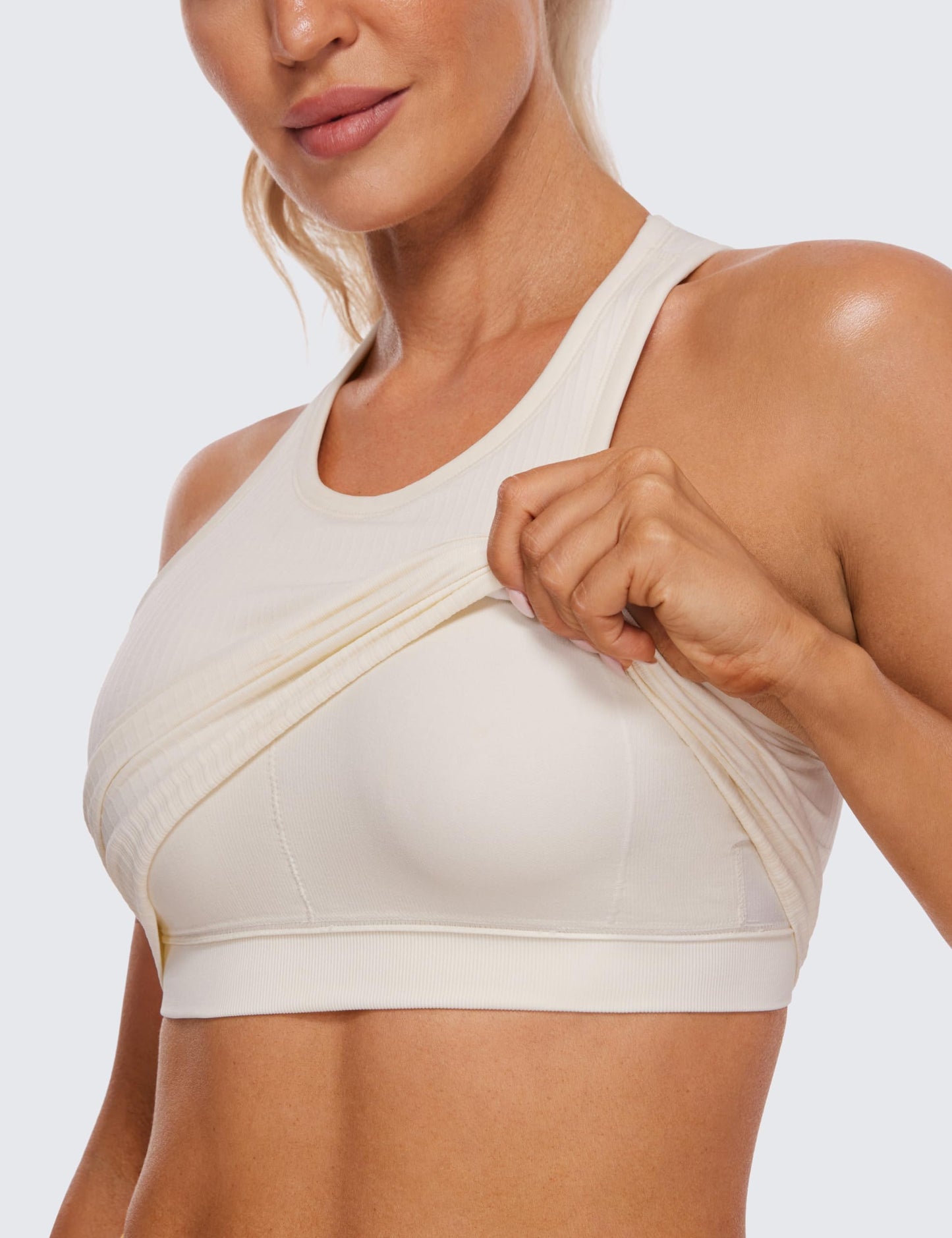 CRZ YOGA Womens Seamless Ribbed Longline High Neck Sports Bra - Racerback Padded Slim Fit Crop Tank Top with Built in Bra White Apricot Small