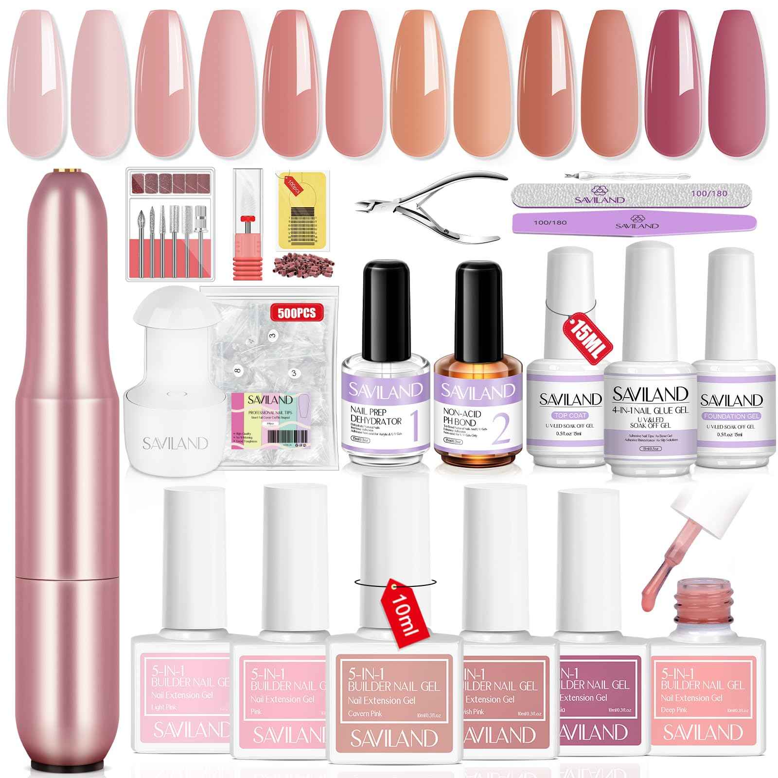 SAVILAND Builder Nail Gel Kit with Nail Drill: 6 PCS Natural Cuticle Oil Pen Castor Oil Vitamin E Builder Nail Gel in a Bottle Hard Gel for Nails Strengthener Extension Mini U V Lamp Nail Glue Gel