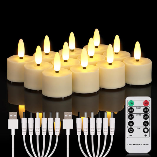 12 PCS Rechargeable Flameless Tea Lights Candles Flickering with Remote Timer and 2 USB Charging Cables, 3D Wick Battery Operated Led Decorative Candle Lights for Home, Halloween, Christmas Decor