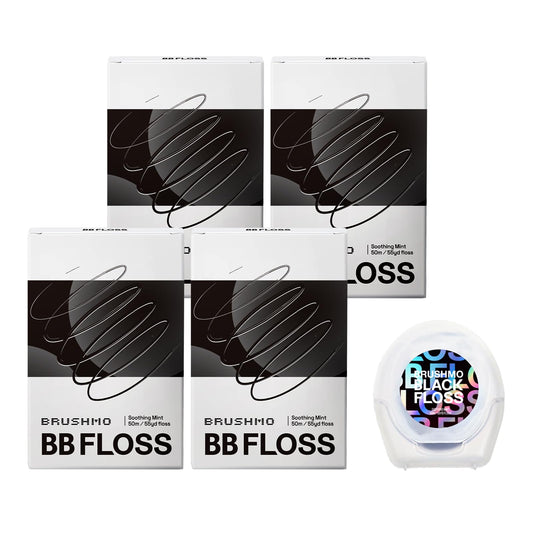 Brushmo Black Floss (BB Floss), US Dentist-Designed Oral Care, Stain-Absorbing, Woven Expanding Dental Floss with Natural Wax to Prevent Gum Disease, Non-Toxic PTFE & PFAS Free, 4 Spools (220 yd)