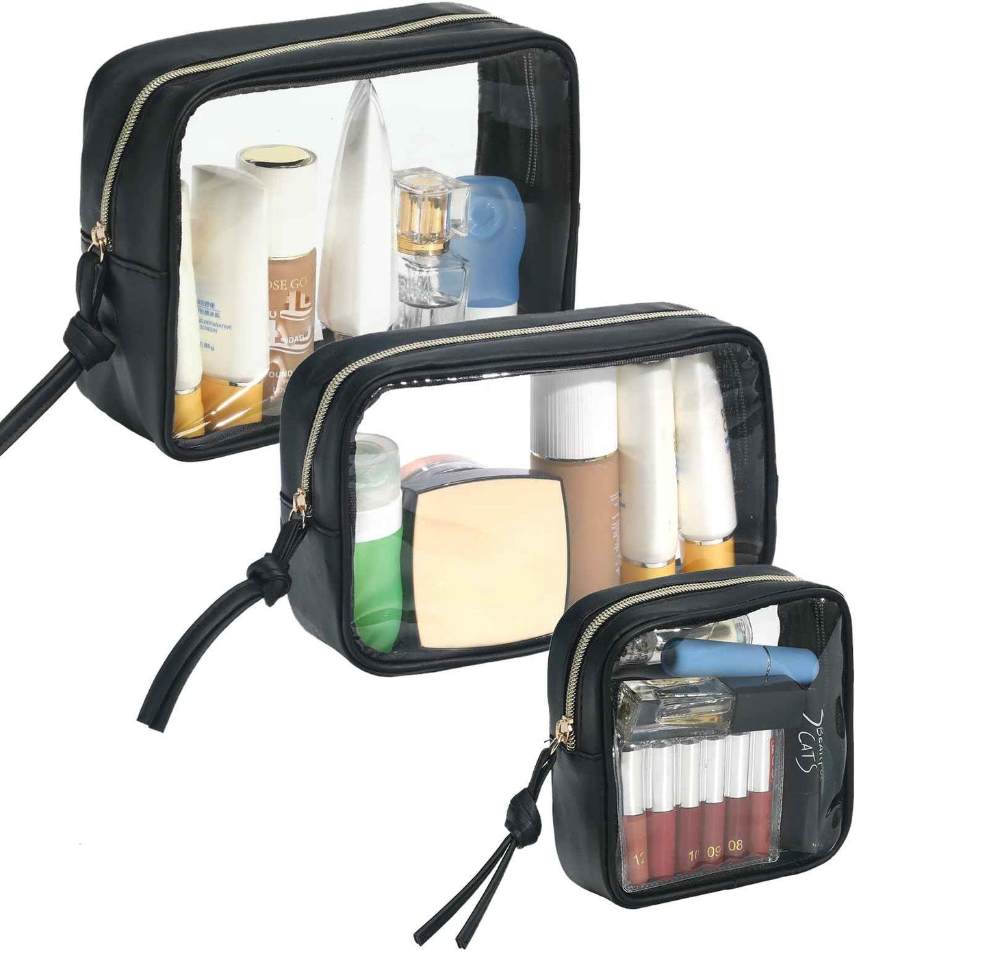 lllyan 3-Piece Travel Makeup Bag Clear Waterproof Toiletry Bag Set Large, Medium Small Sizes Travel Toiletry Organizer Pouch Cosmetic Storage for Bathroom (Black)