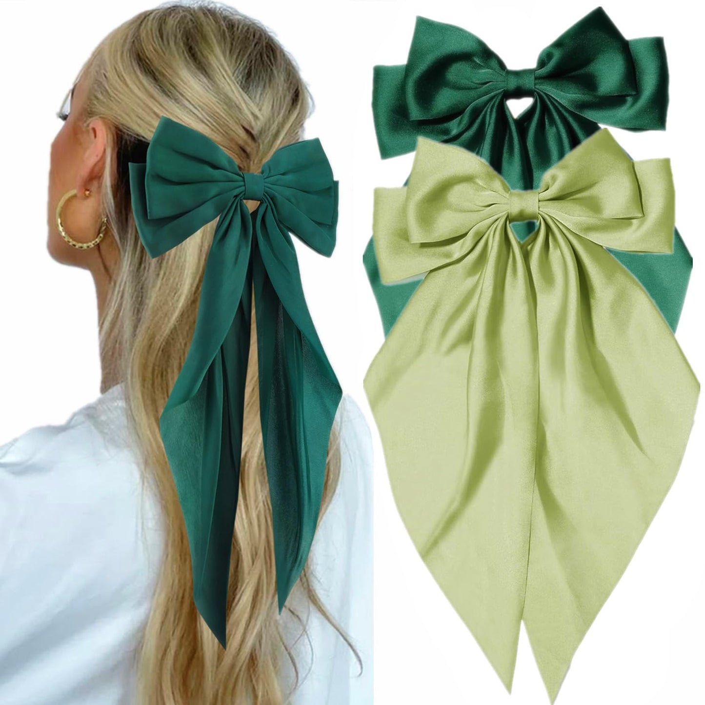 JOYRUBY Green Bow Hair Clips, 2PCS Hair Bows for Women Satin Big Bows for Girls, Long Tail Large Hair Bows for Girls Coquette Bows Hair Accessories