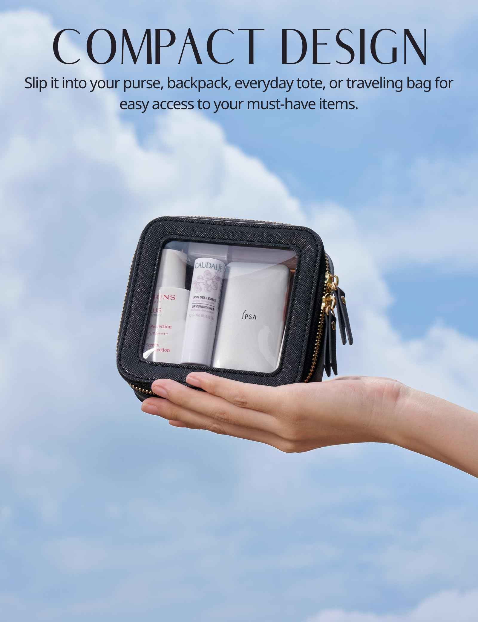 Mini Clear Black Makeup Bag - Cute Square Cosmetic Pouch for Travel with Zipper - For Women & Girls