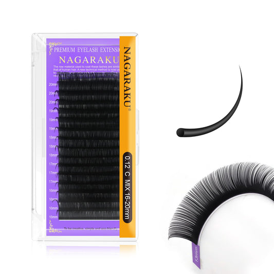 NAGARAKU Eyelash Extensions 0.12mm C curl 16-20mm Mix Tray Individual Lashes Classic Matte Black 16 Rows Professional Beauty Salon Supplies