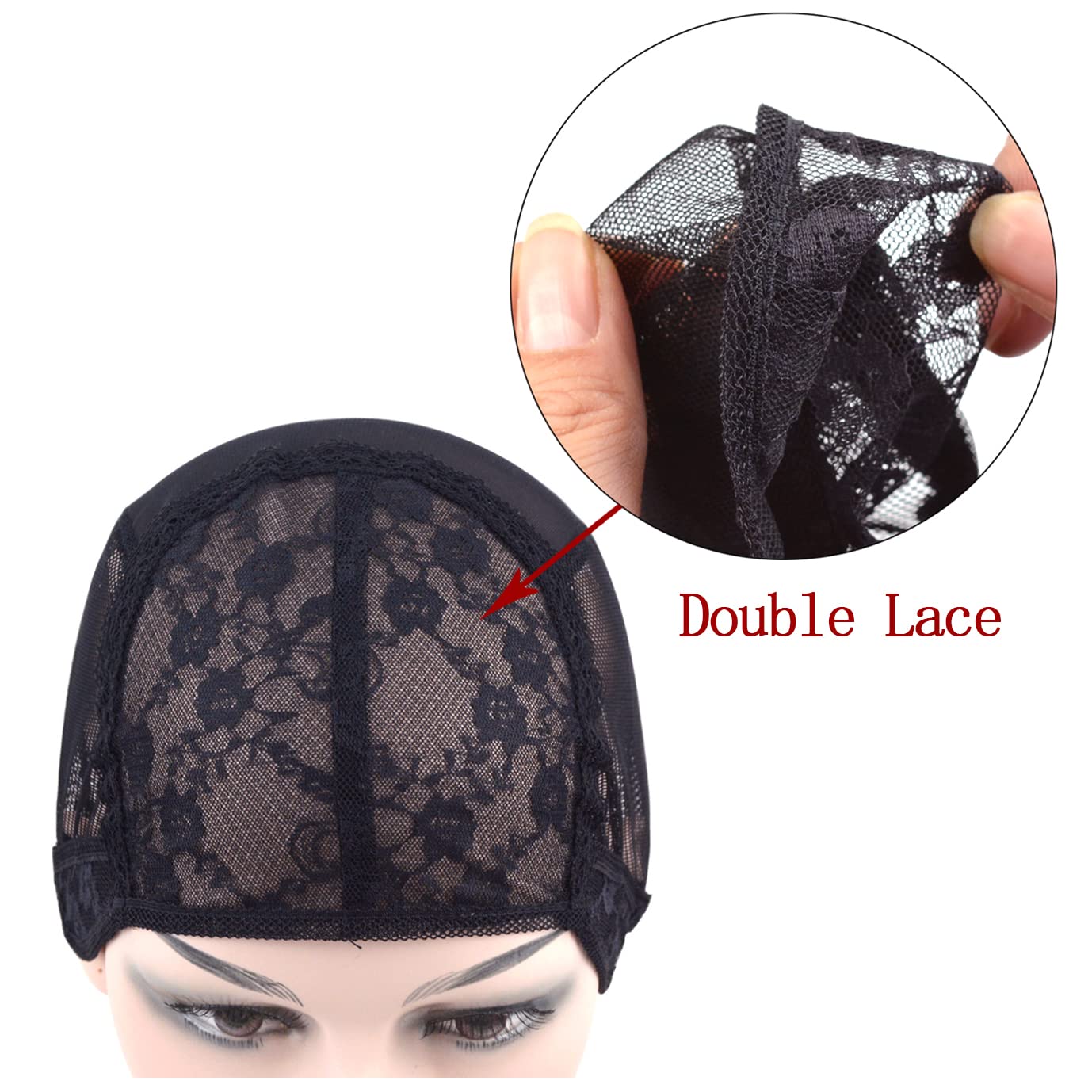 YTBYT 2 Pcs Black Double Lace Wig Caps with Adjustable Straps Swiss Lace Hairnet on the Back for Making Wig (Black S)