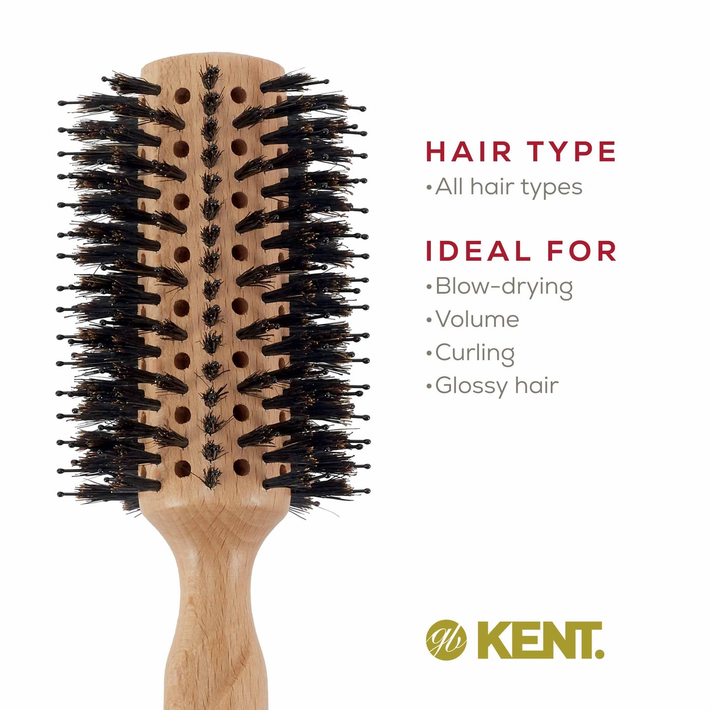 Kent LPF5 Pure Flow Large Vented Round Brush for Blow Drying - FSC Certified Beech Wood Brush Filled with Natural Boar Bristle and Nylon Bristle Hair Brush - Round Hair Brush for Blow Drying and Lift