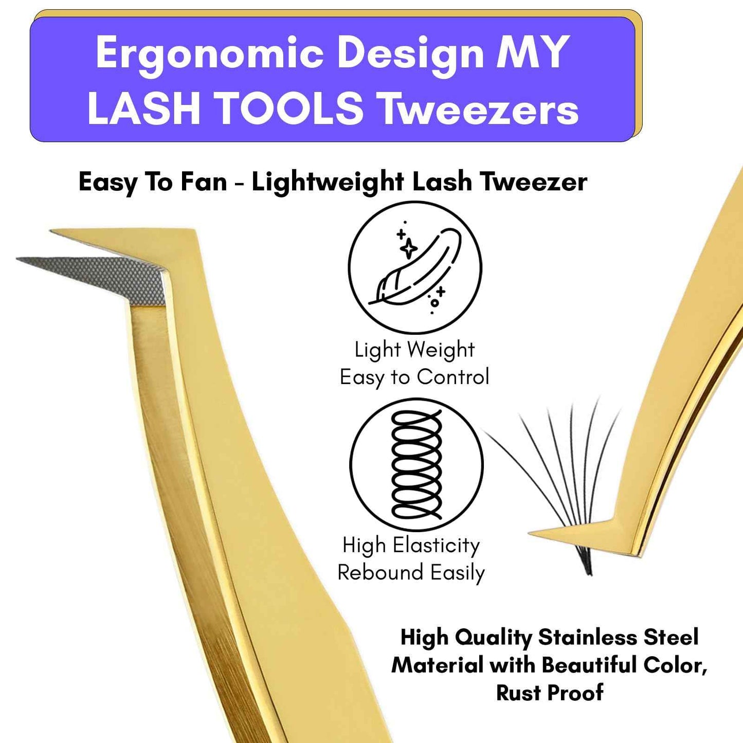 My Lash Tools Fiber Tip Lash Tweezers for Eyelash Extensions Pro Tweezer for Volume Lashes Japanese Stainless Steel Mink Lashes Fan Making Mega Volume Boot Angled Lashing Tweezers (Gold)