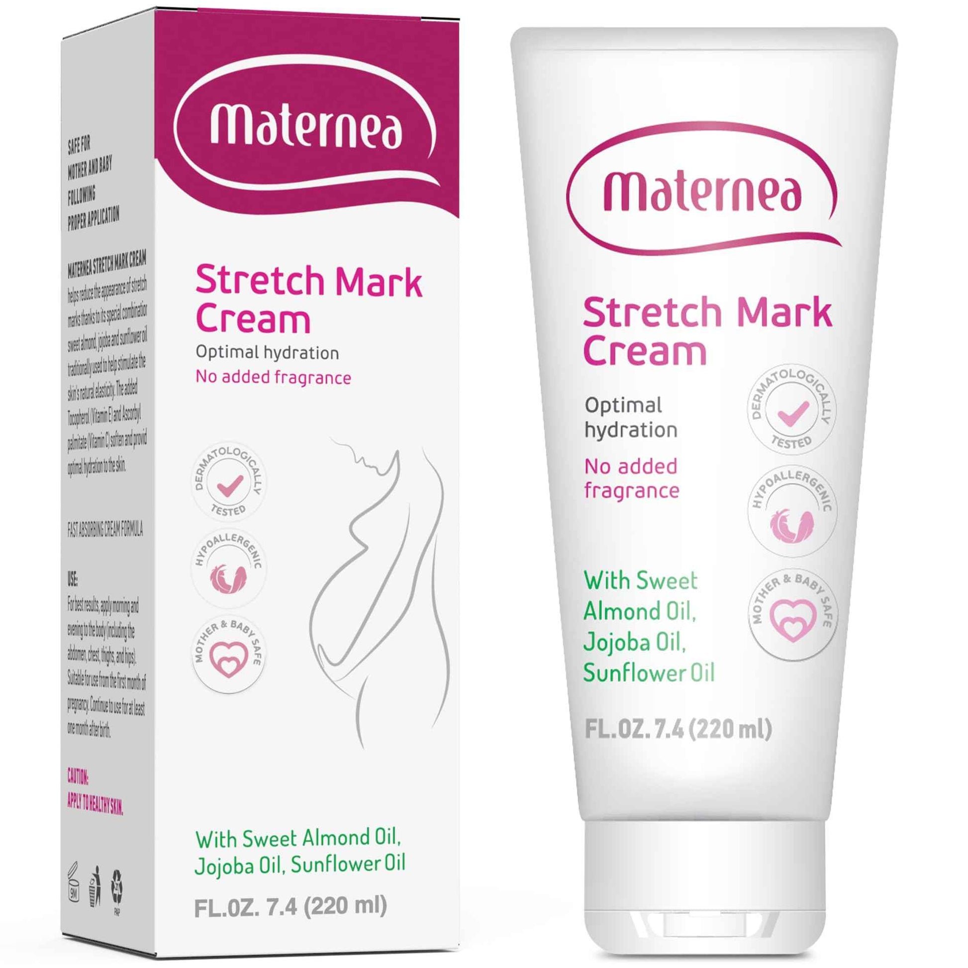 Maternea Stretch Mark Cream for Pregnancy – Nourishing Maternity Skin Care with Almond, Jojoba Oils, Vitamins C and E – Helps Hydrate and Improve The Look of Stretching Skin – 7.44 FL. OZ. (220ml)